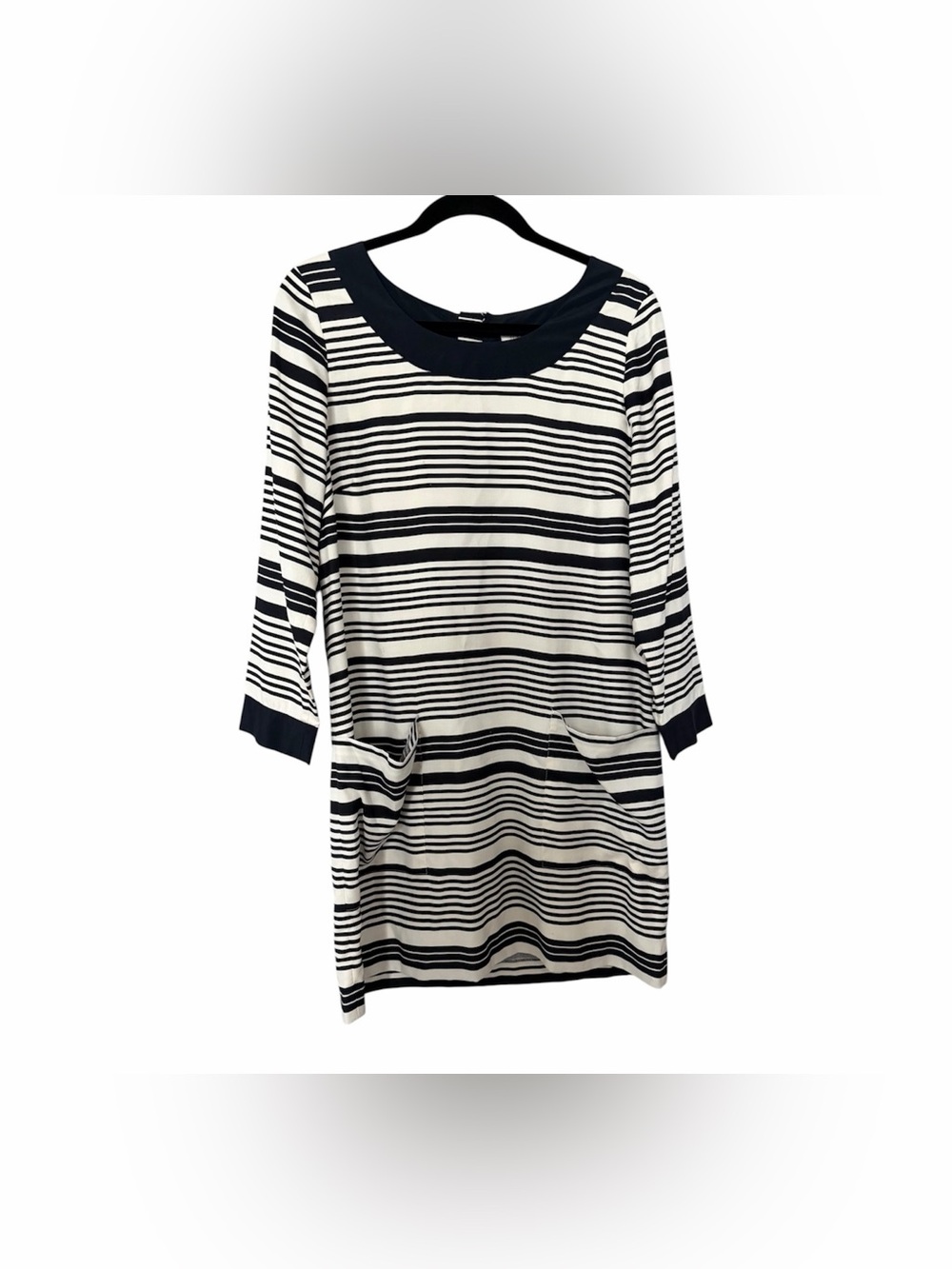J.CREW 100% SILK Shift Dress Lined Striped Blue Ivory Pockets Size 8 Mini Retro